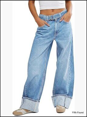 Wide Leg Cuffed Jeans High Waisted Baggy Boyfriend Belted Denim Pants